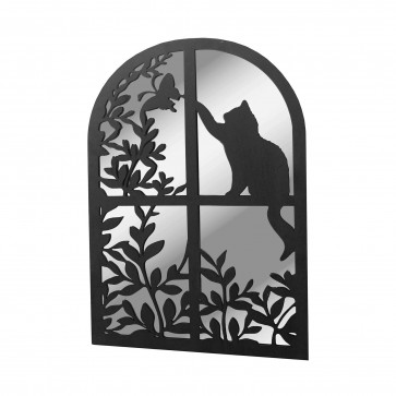 Black Metal Cat in Round Top Window Garden Mirror